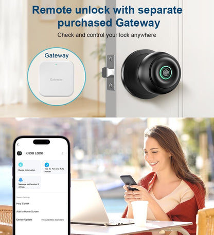 Fingerprint Door Lock, Smart Fingerprint Door Knob with Lock, Biometric Door knob with App Control & Key, Keyless Thumbprint Entry Door Lock for Bedroom, Front Door, Home, Apartment Office-Matte Black