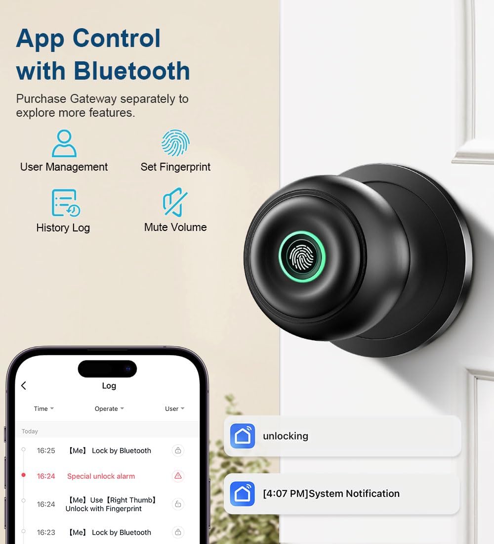 Fingerprint Door Lock, Smart Fingerprint Door Knob with Lock, Biometric Door knob with App Control & Key, Keyless Thumbprint Entry Door Lock for Bedroom, Front Door, Home, Apartment Office-Matte Black