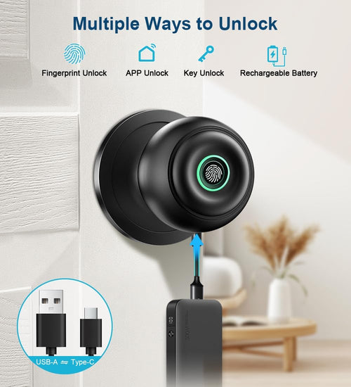 Fingerprint Door Lock, Smart Fingerprint Door Knob with Lock, Biometric Door knob with App Control & Key, Keyless Thumbprint Entry Door Lock for Bedroom, Front Door, Home, Apartment Office-Matte Black
