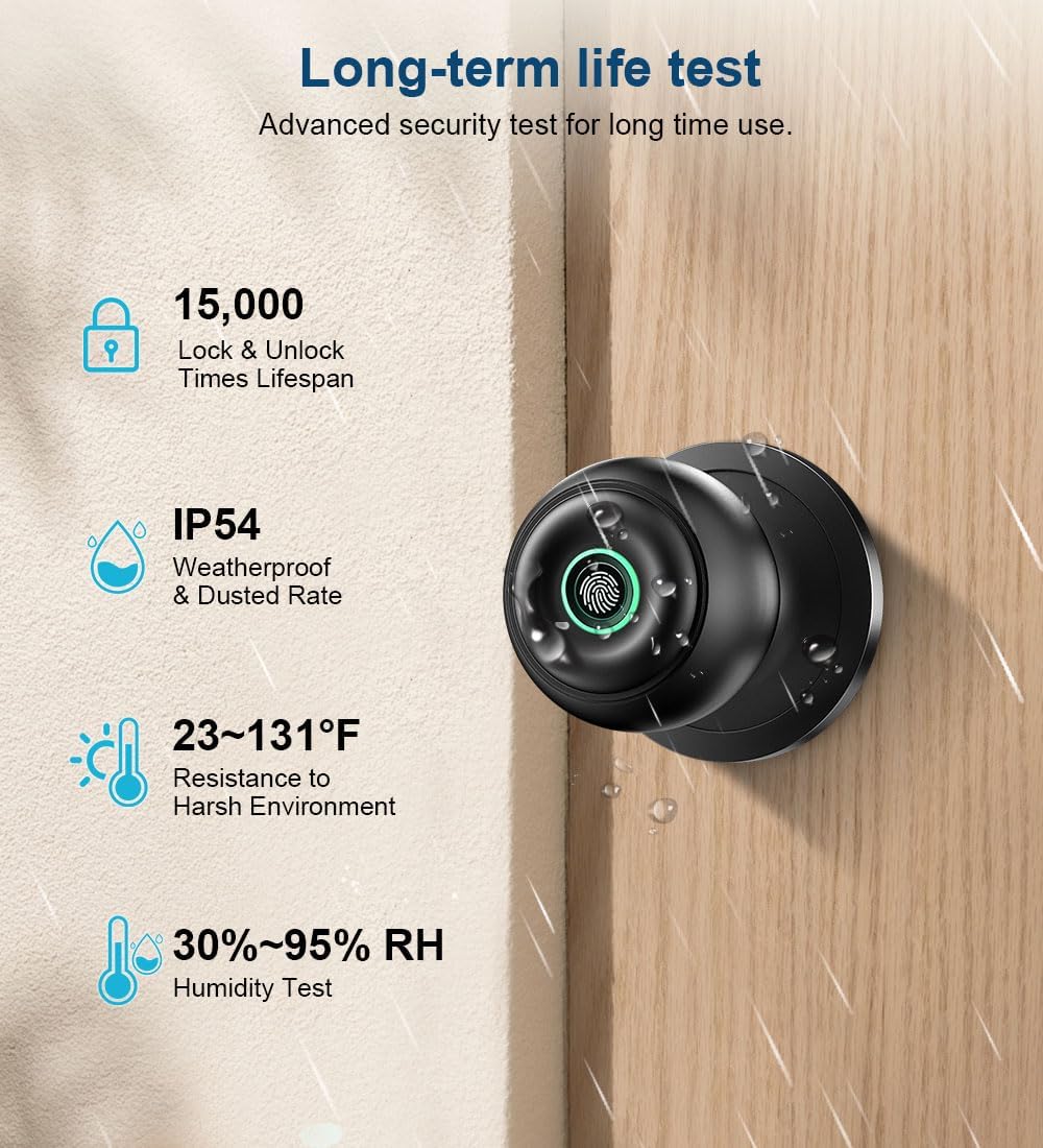 Fingerprint Door Lock, Smart Fingerprint Door Knob with Lock, Biometric Door knob with App Control & Key, Keyless Thumbprint Entry Door Lock for Bedroom, Front Door, Home, Apartment Office-Matte Black