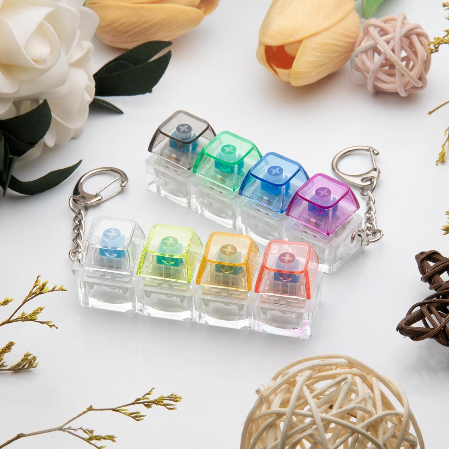 4Keys Mechanical Keyboard Electronic Luminous Transparent Crystal Height Pressure Reduction Finger Button Anti Stress Keycap Toy Schoolbag Pendant Keychain Decompression Clicker Gadget Gift