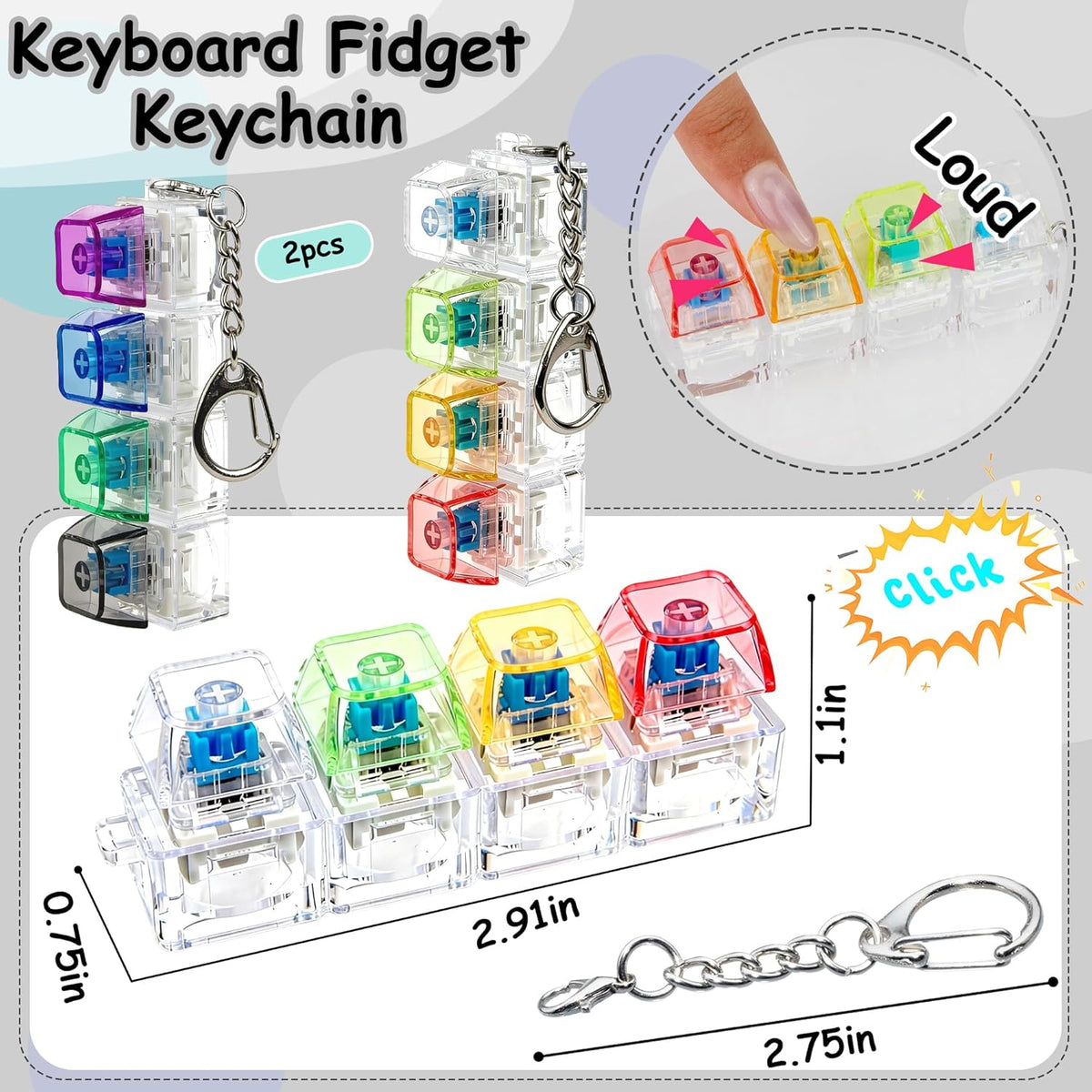 4Keys Mechanical Keyboard Electronic Luminous Transparent Crystal Height Pressure Reduction Finger Button Anti Stress Keycap Toy Schoolbag Pendant Keychain Decompression Clicker Gadget Gift