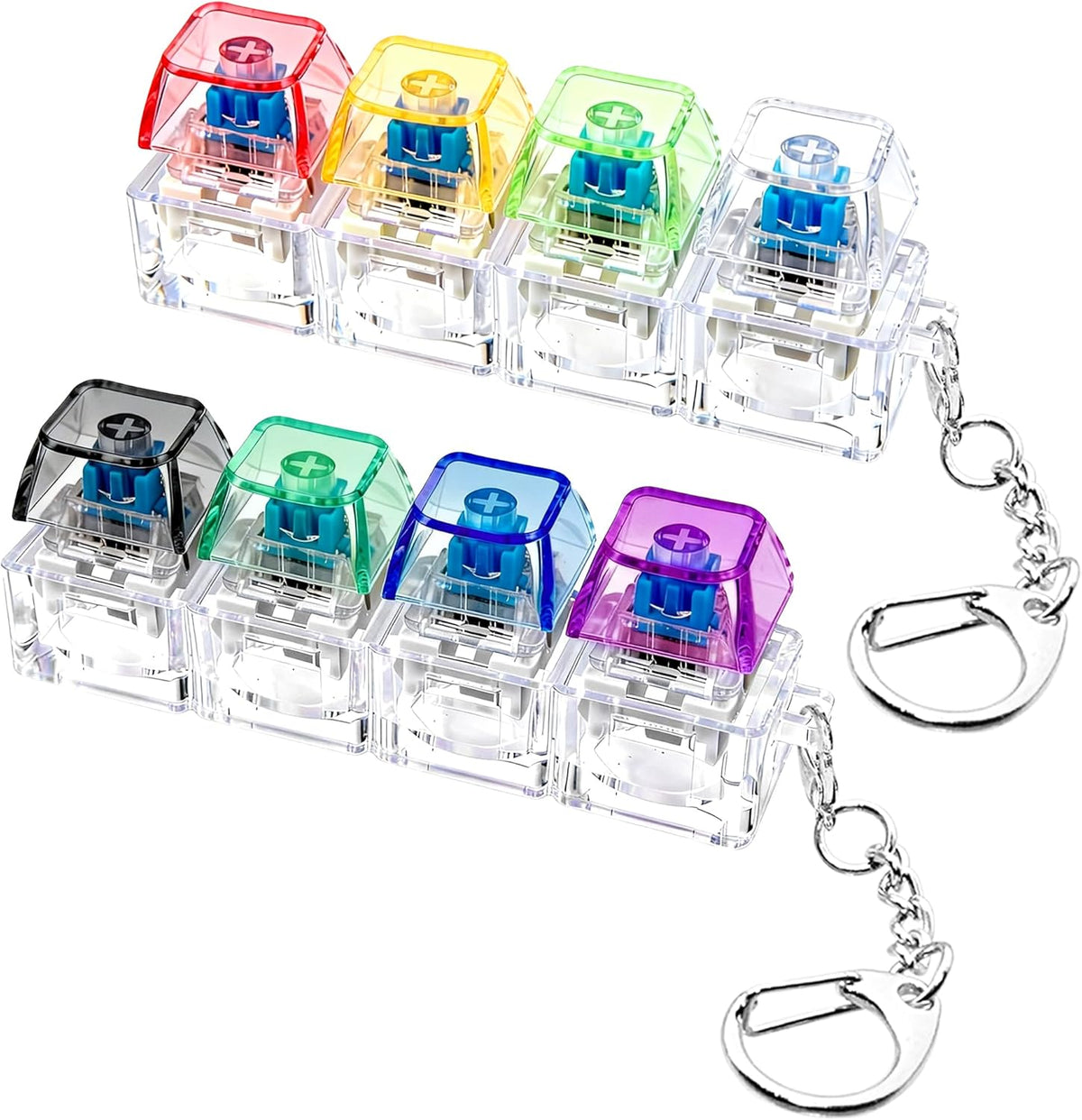 4Keys Mechanical Keyboard Electronic Luminous Transparent Crystal Height Pressure Reduction Finger Button Anti Stress Keycap Toy Schoolbag Pendant Keychain Decompression Clicker Gadget Gift
