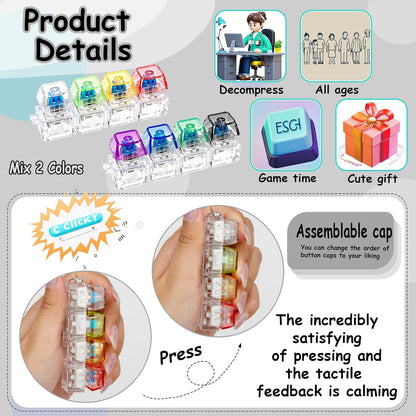 4Keys Mechanical Keyboard Electronic Luminous Transparent Crystal Height Pressure Reduction Finger Button Anti Stress Keycap Toy Schoolbag Pendant Keychain Decompression Clicker Gadget Gift