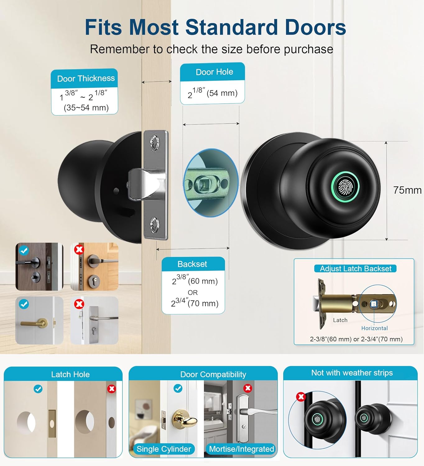 Fingerprint Door Lock, Smart Fingerprint Door Knob with Lock, Biometric Door knob with App Control & Key, Keyless Thumbprint Entry Door Lock for Bedroom, Front Door, Home, Apartment Office-Matte Black