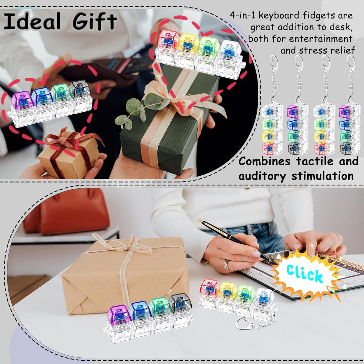 4Keys Mechanical Keyboard Electronic Luminous Transparent Crystal Height Pressure Reduction Finger Button Anti Stress Keycap Toy Schoolbag Pendant Keychain Decompression Clicker Gadget Gift