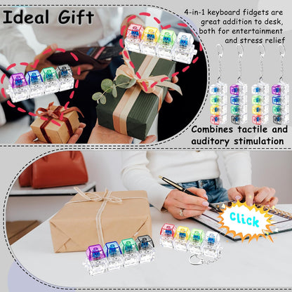 4Keys Mechanical Keyboard Electronic Luminous Transparent Crystal Height Pressure Reduction Finger Button Anti Stress Keycap Toy Schoolbag Pendant Keychain Decompression Clicker Gadget Gift