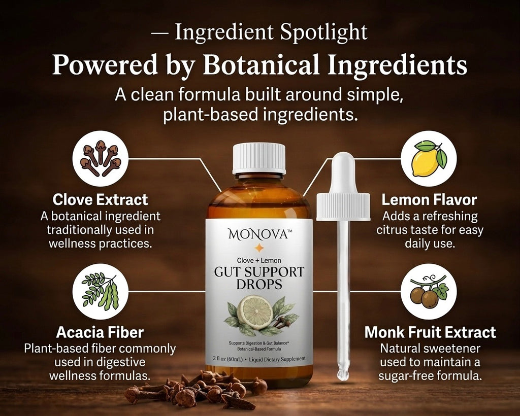 MoNova Clove & Lemon Gut Support Drops – Liquid Digestive Support Supplement – Sugar-Free Botanical Formula with Acacia Fiber – Supports Digestive Comfort & Gut Balance – 2 fl oz (60 Servings)