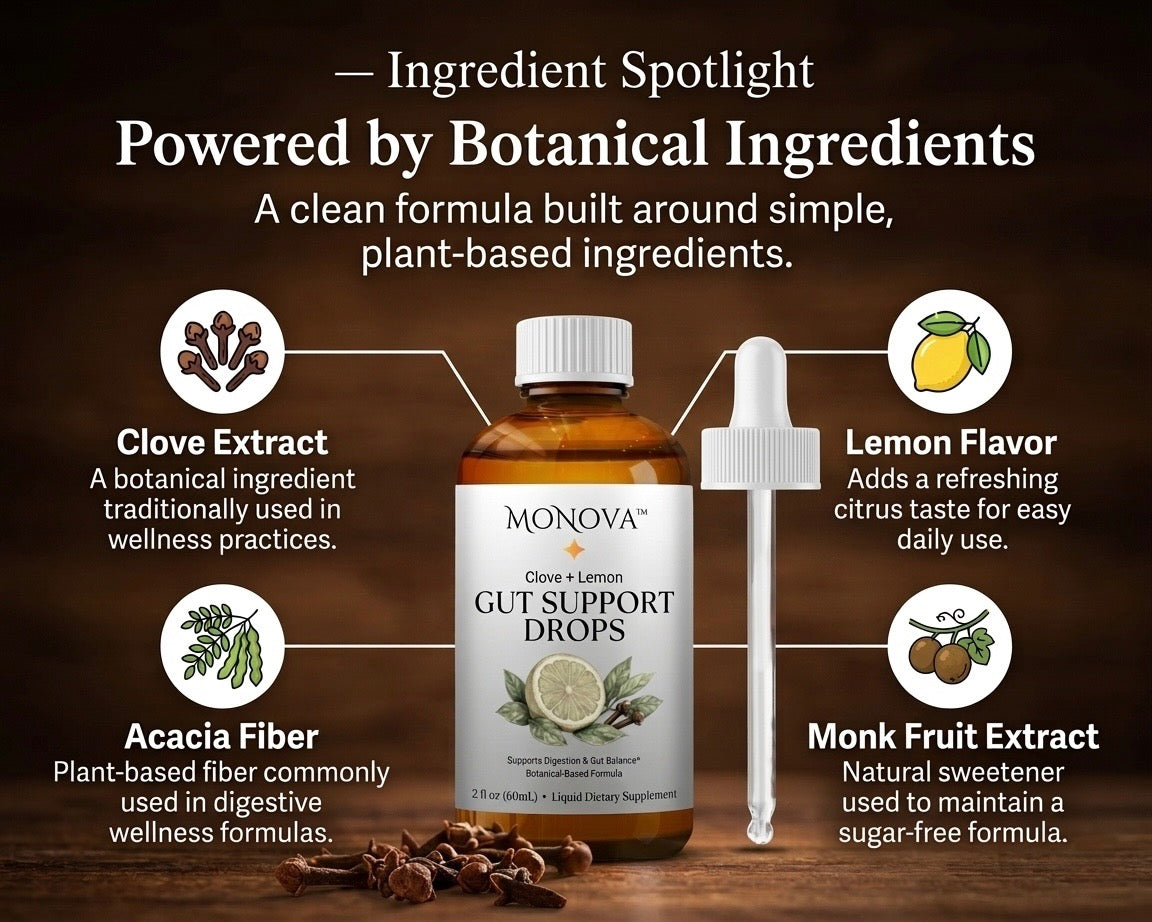 MoNova Clove & Lemon Gut Support Drops – Liquid Digestive Support Supplement – Sugar-Free Botanical Formula with Acacia Fiber – Supports Digestive Comfort & Gut Balance – 2 fl oz (60 Servings)